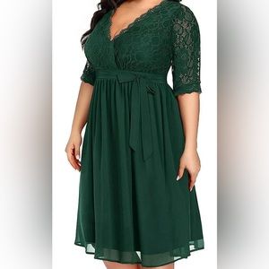 Pinup Fashion Plus Size Lace Chiffon Wrap V Neck Dresses Midi Dress